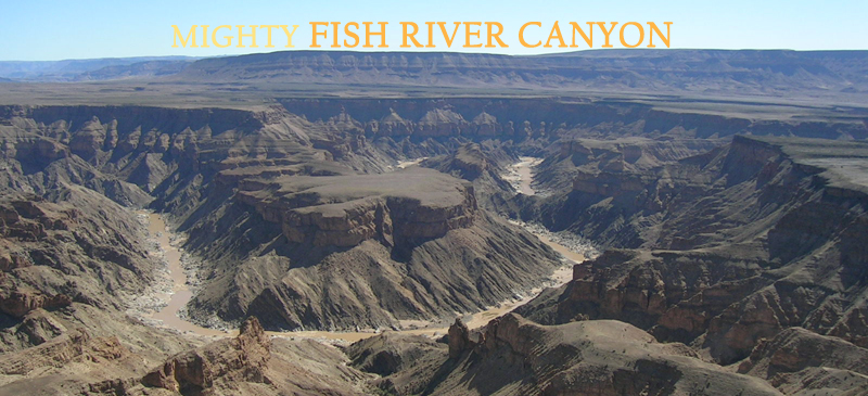 The Fish River Canyon is located in Namibia. It is the second largest canyon in the world and the largest in Africa, as well as the second most visited tourist attraction in Namibia. It features a gigantic ravine, in total about 100 miles (160 km) long, up to 27 km wide and in places almost 550 metres deep.